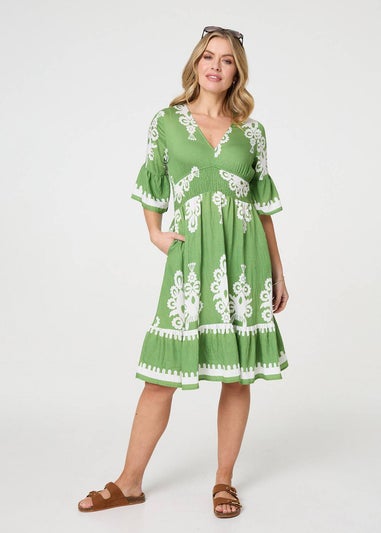 Izabel London Green Ikat Print Relaxed Short Dress