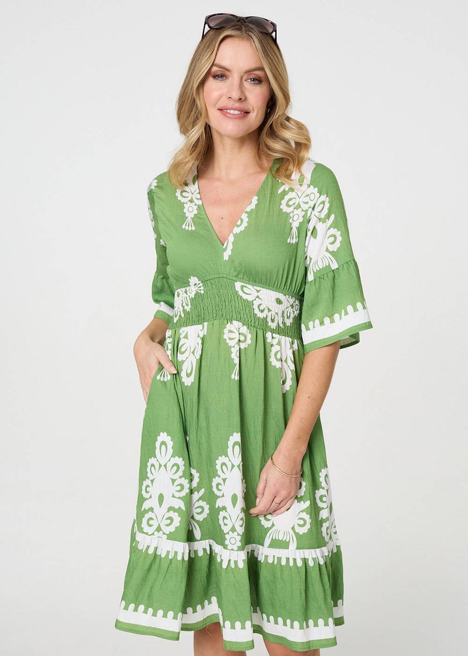 Izabel London Green Ikat Print Relaxed Short Dress