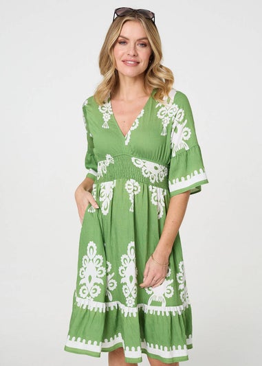 Izabel London Green Ikat Print Relaxed Short Dress
