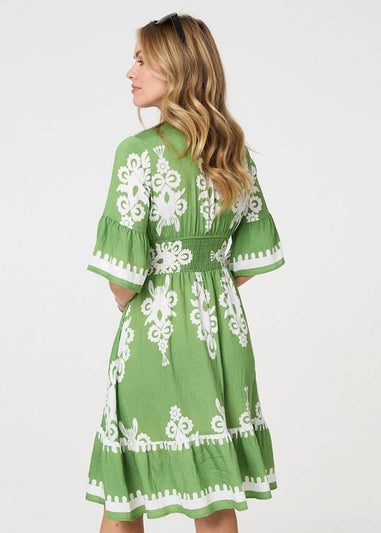 Izabel London Green Ikat Print Relaxed Short Dress