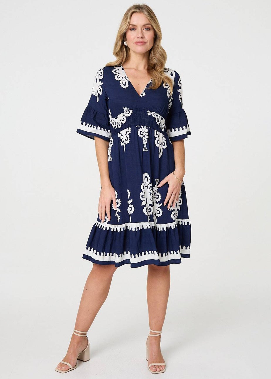 Izabel London Navy Ikat Print 1/2 Sleeve Relaxed Short Dress