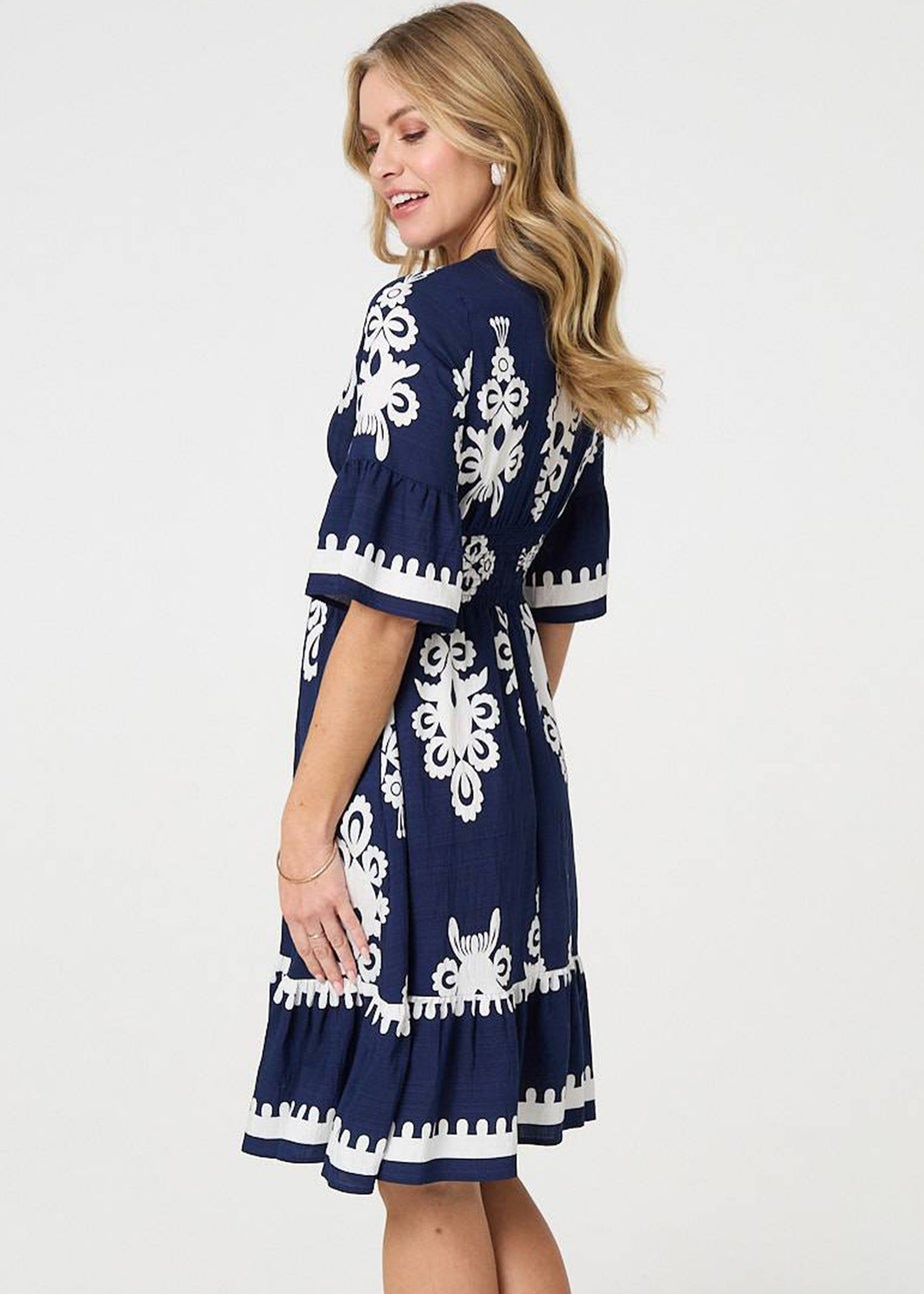 Izabel London Navy Ikat Print 1/2 Sleeve Relaxed Short Dress