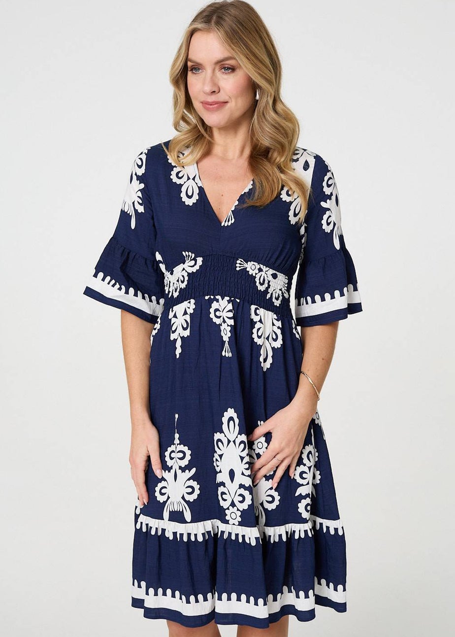 Izabel London Navy Ikat Print 1/2 Sleeve Relaxed Short Dress