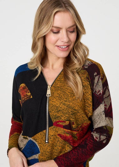 Izabel London Red Abstract Zip V-Neck Long Sleeve Relaxed Top