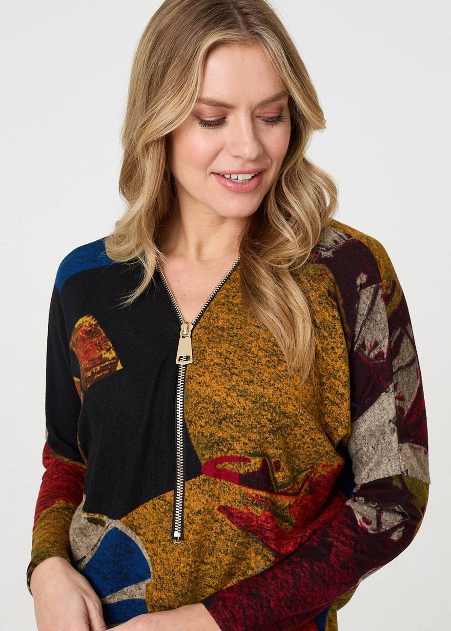 Izabel London Red Abstract Zip V-Neck Long Sleeve Relaxed Top