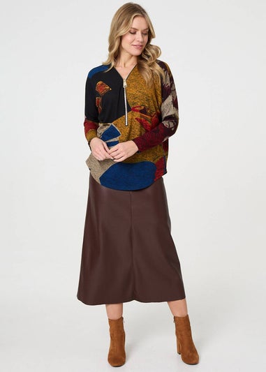 Izabel London Red Abstract Zip V-Neck Long Sleeve Relaxed Top