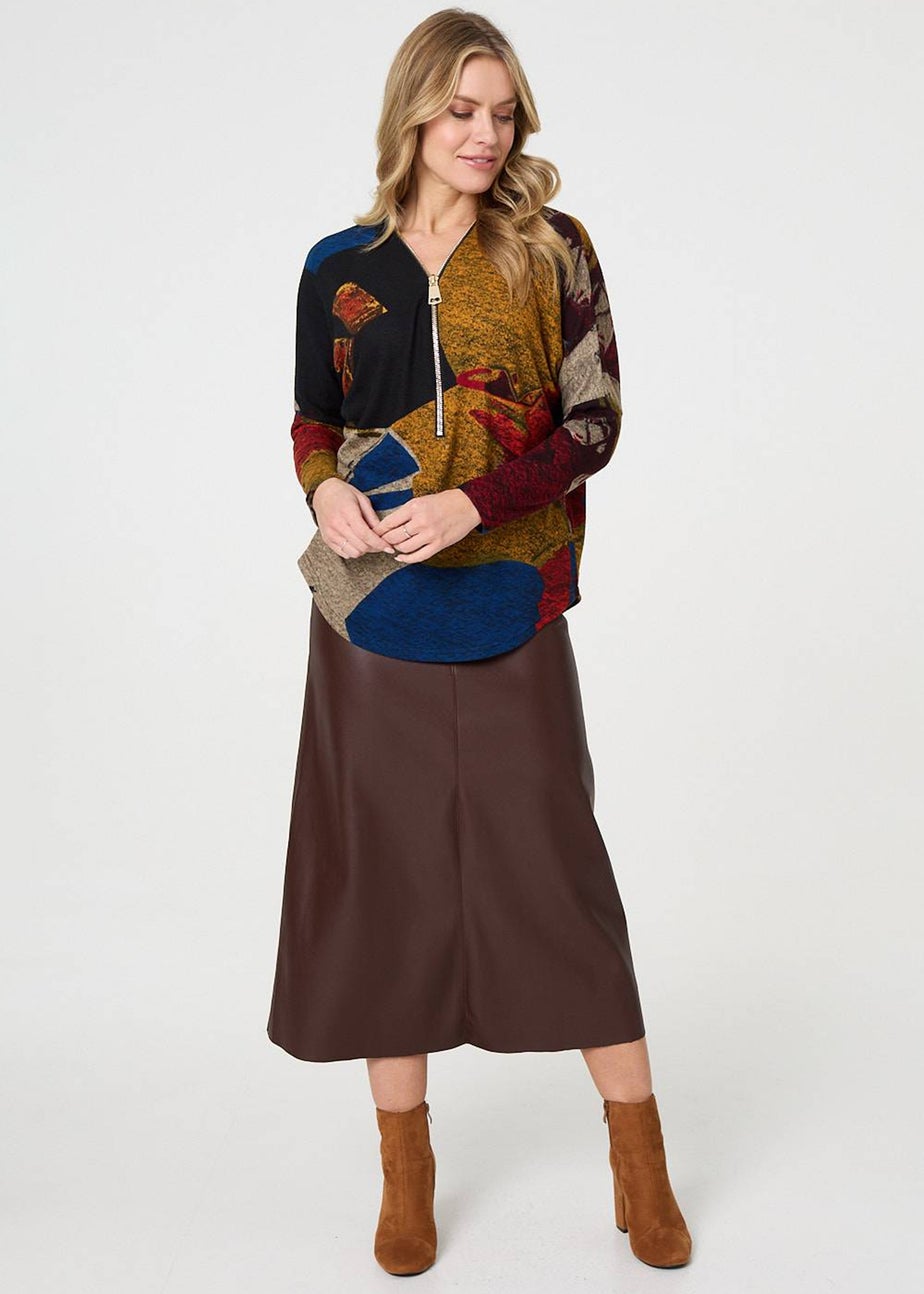 Izabel London Red Abstract Zip V-Neck Long Sleeve Relaxed Top