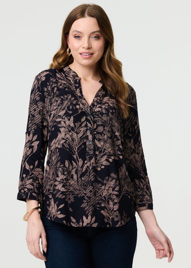 Izabel London Navy Leaf Print Collarless Shirt