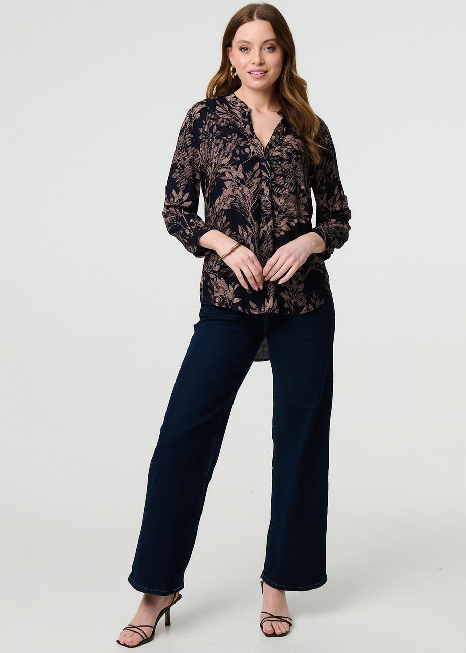 Izabel London Navy Leaf Print Collarless Shirt