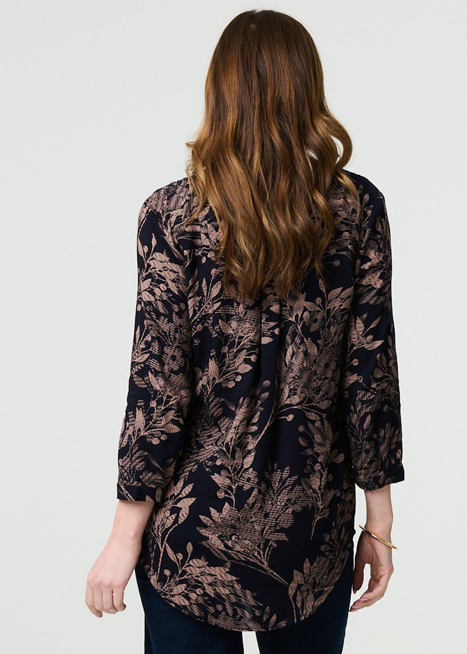 Izabel London Navy Leaf Print Collarless Shirt