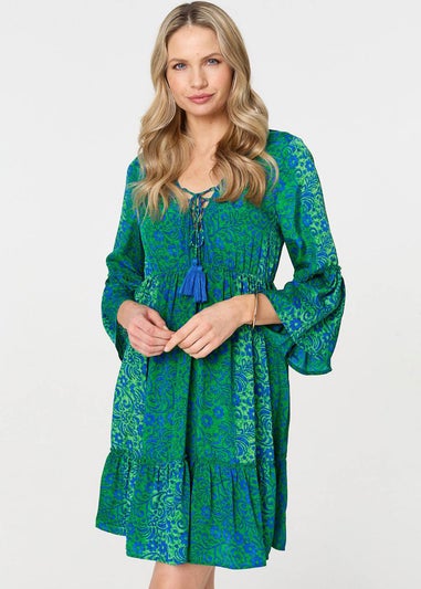 Izabel London Green Paisley Tassel V-Neck Knee Length Dress