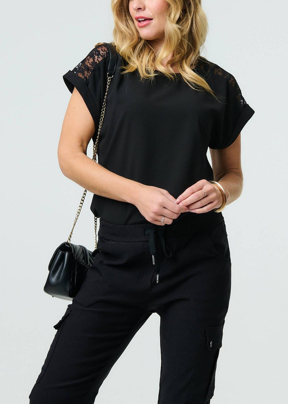 Izabel London Black Drawstring Waist Slim Cargo Trousers