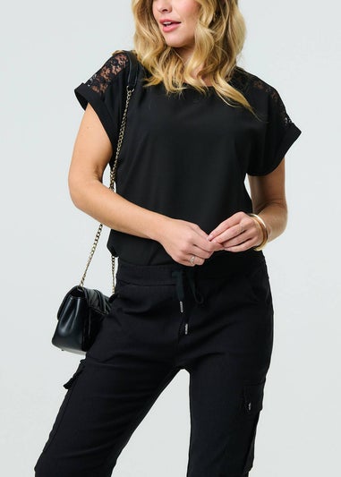 Izabel London Black Drawstring Waist Slim Cargo Trousers