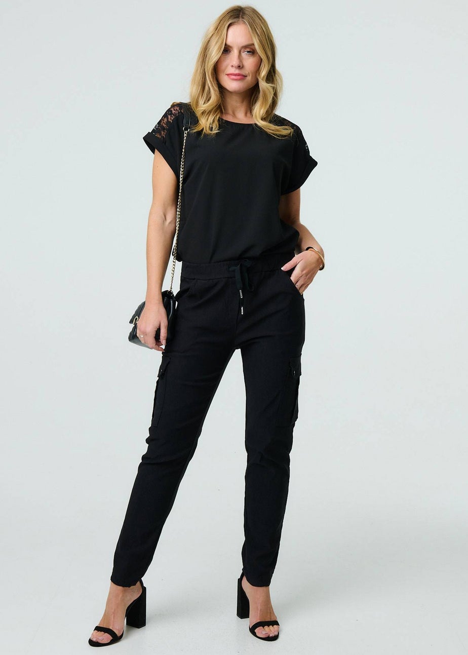 Izabel London Black Drawstring Waist Slim Cargo Trousers