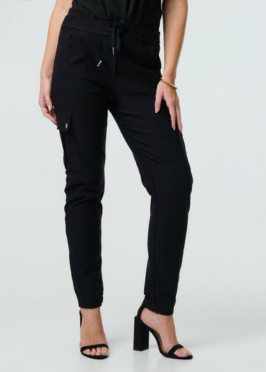 Izabel London Black Drawstring Waist Slim Cargo Trousers