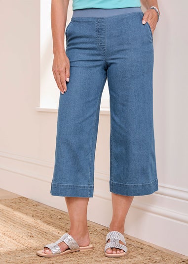 Cotton Traders Pale Blue Wide Leg Crop Pull On Jeans