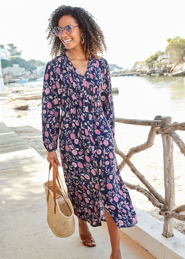 Cotton Traders Navy Pintuck Maxi Dress