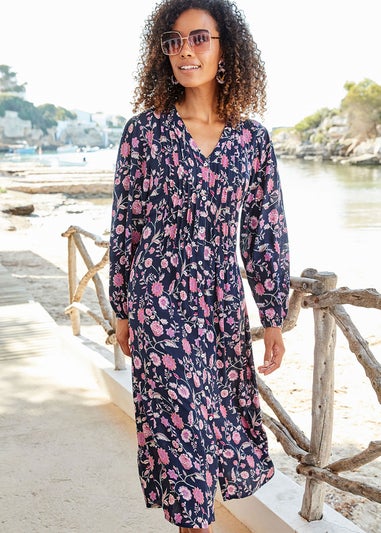 Cotton Traders Navy Pintuck Maxi Dress
