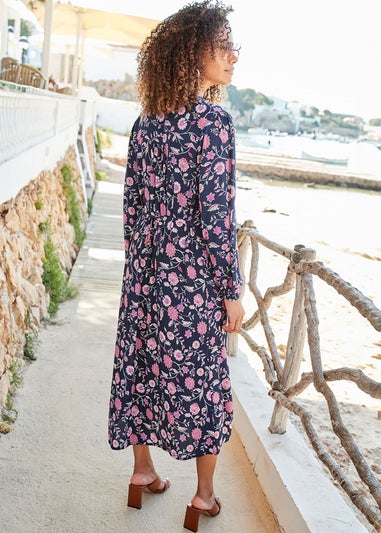 Cotton Traders Navy Pintuck Maxi Dress