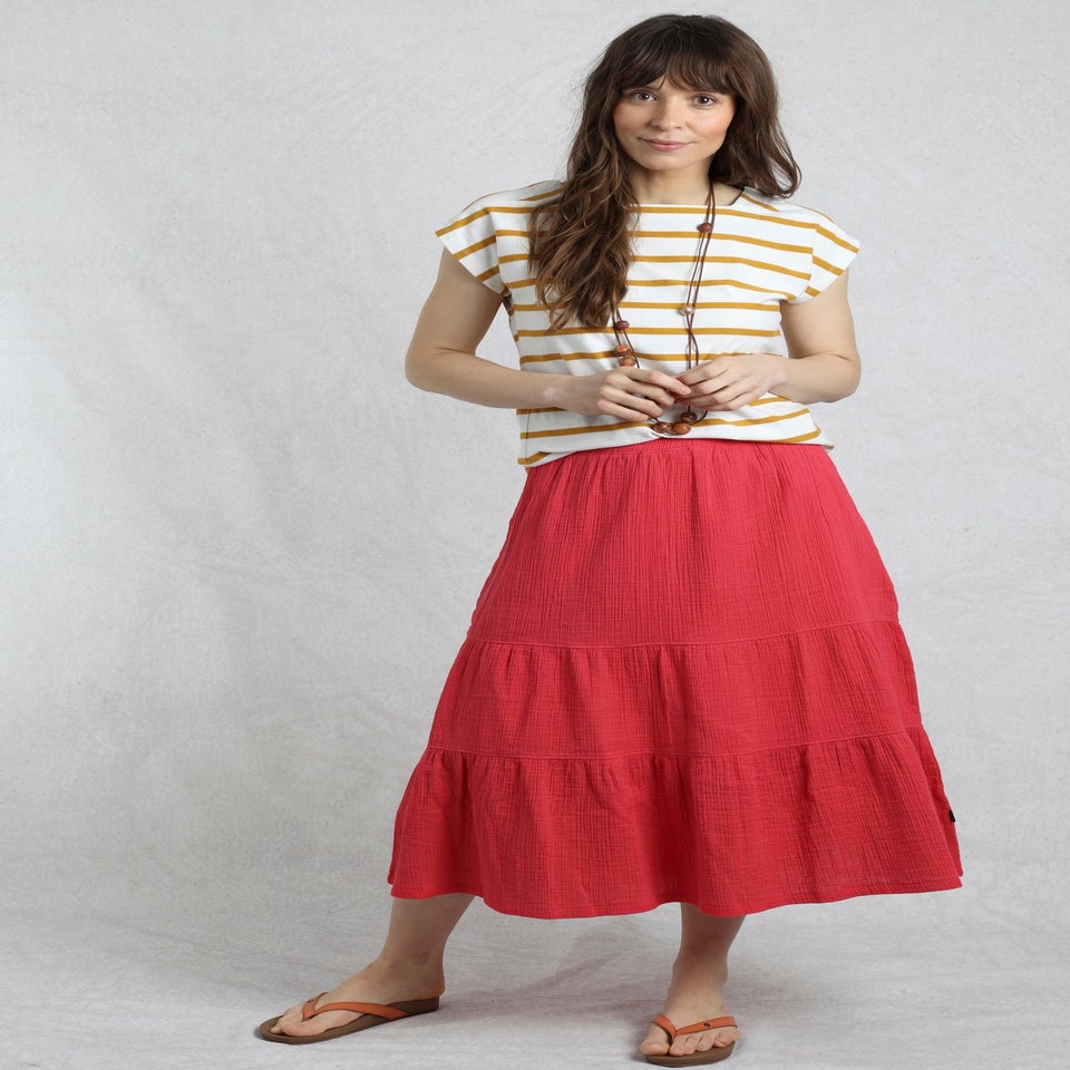 Weird Fish Red Lathika Tiered Midi Skirt