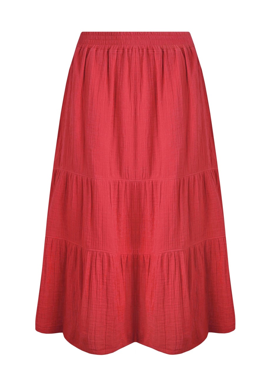 Weird Fish Red Lathika Tiered Midi Skirt