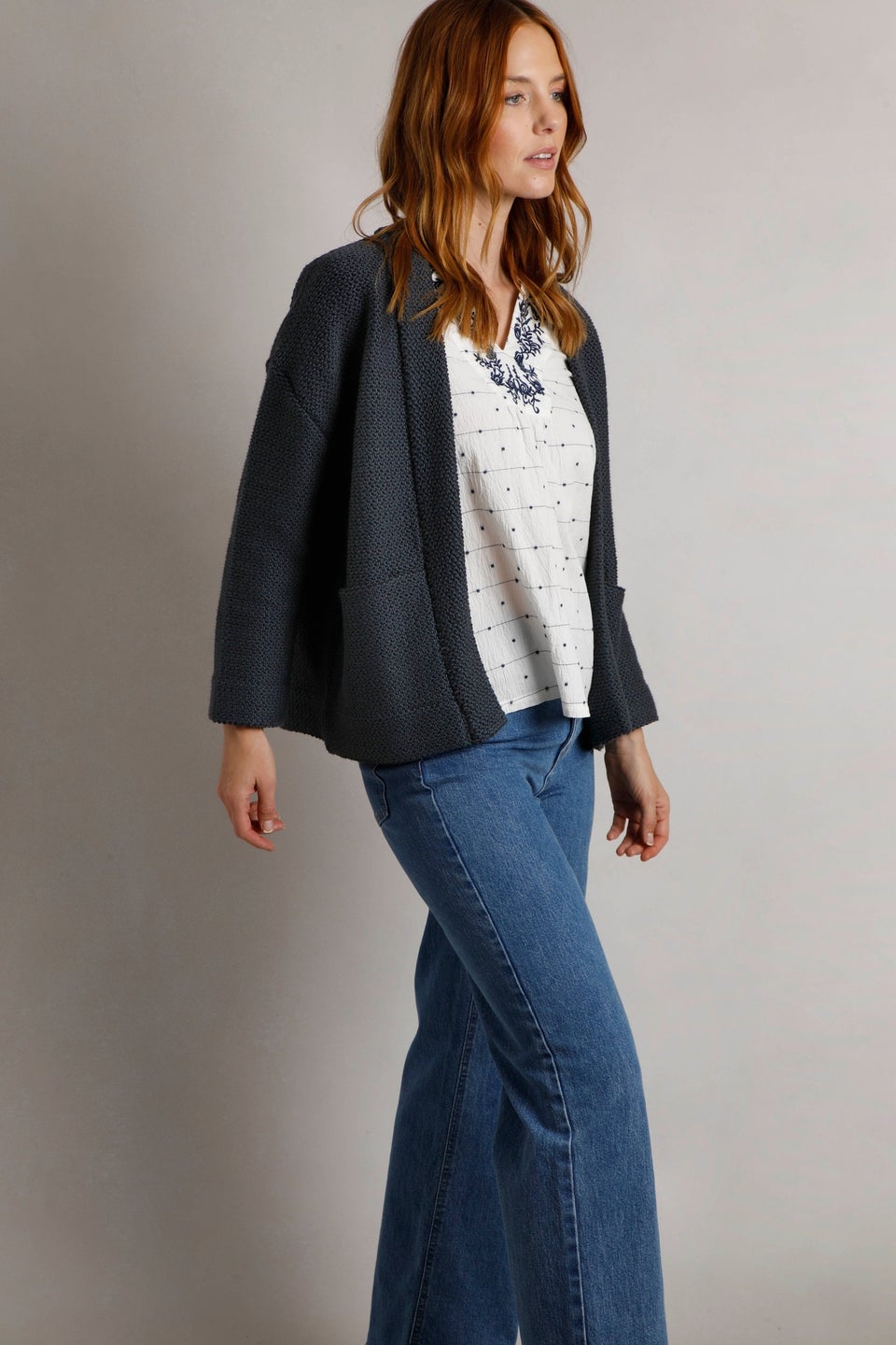 Weird Fish Navy Santosh Cropped Macaroni Kimono Cardigan