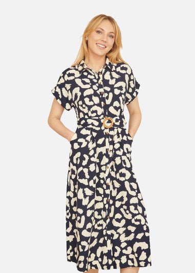 Yumi Navy Abstract Animal Print Relaxed Midi Shirt Dress With Belt