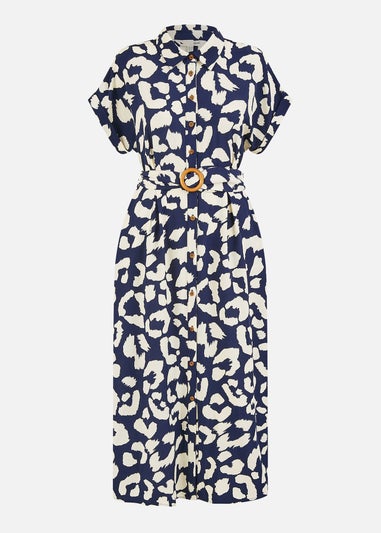 Yumi Navy Abstract Animal Print Relaxed Midi Shirt Dress With Belt