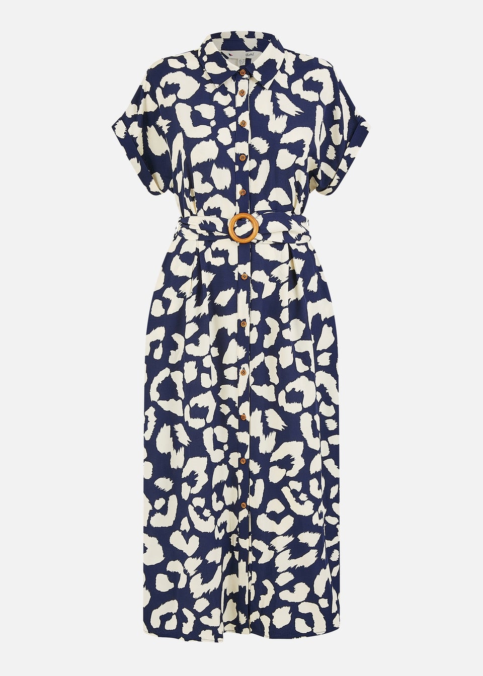 Yumi Navy Abstract Animal Print Relaxed Midi Shirt Dress With Belt