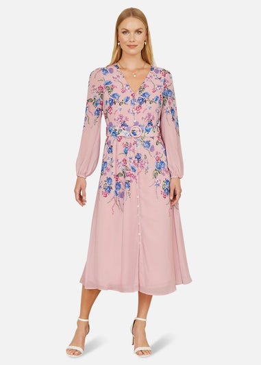Yumi Pink Floral Placement Button Down Midi Dress With Long Sleeves