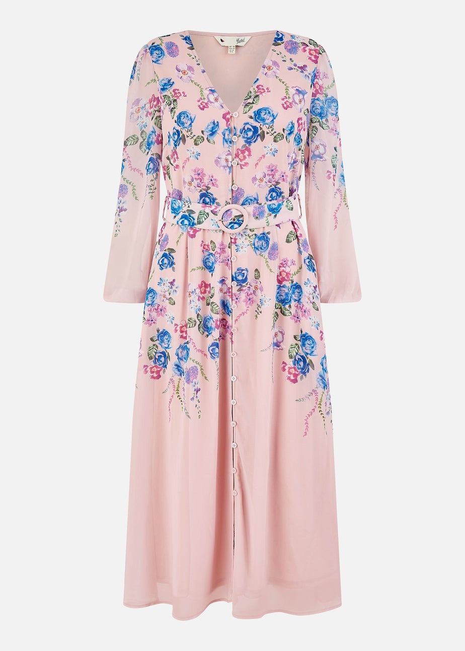 Yumi Pink Floral Placement Button Down Midi Dress With Long Sleeves