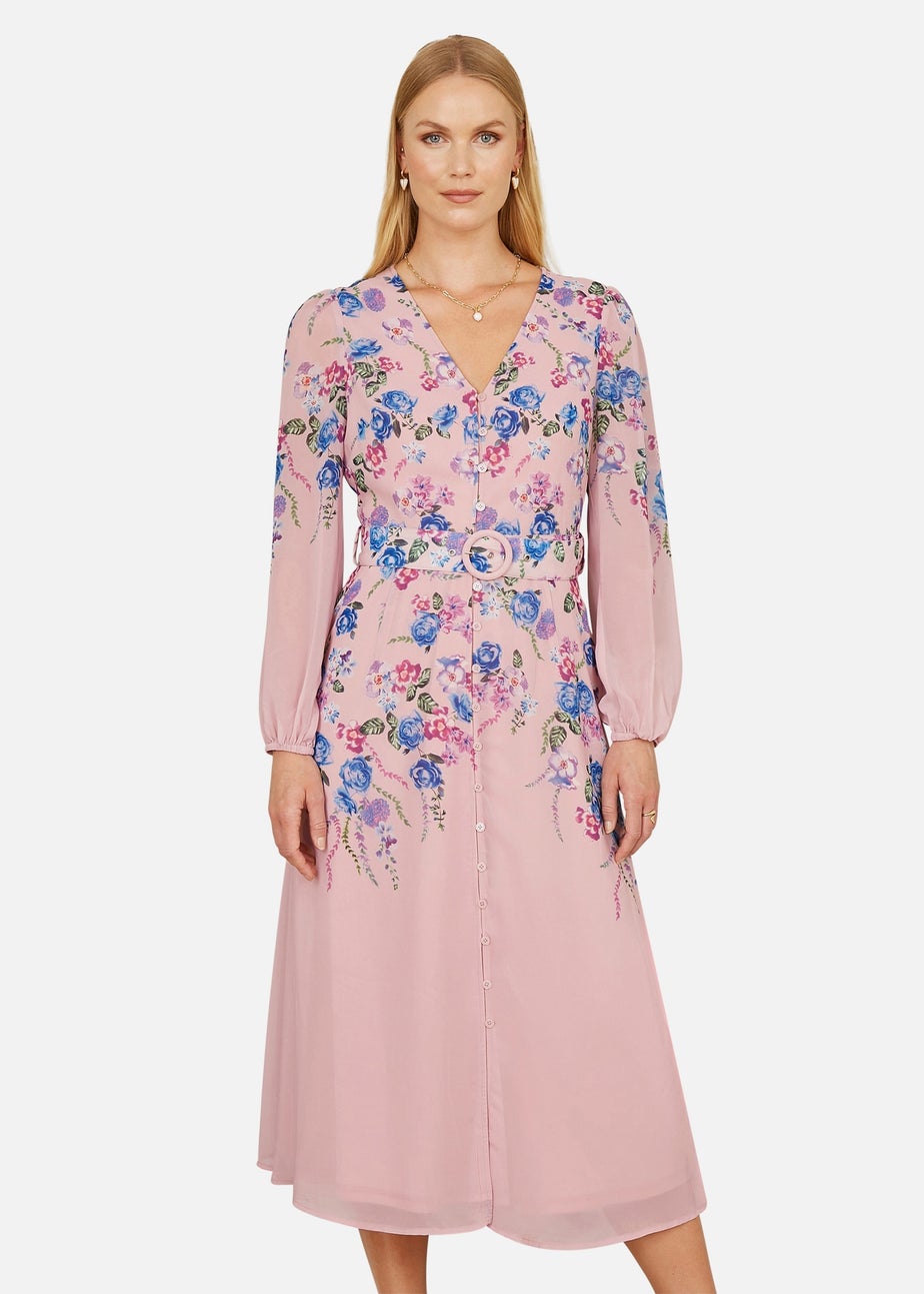 Yumi Pink Floral Placement Button Down Midi Dress With Long Sleeves