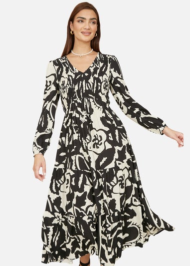 Yumi Black Abstract Print Ruched Midi Dress With Long Sleeves