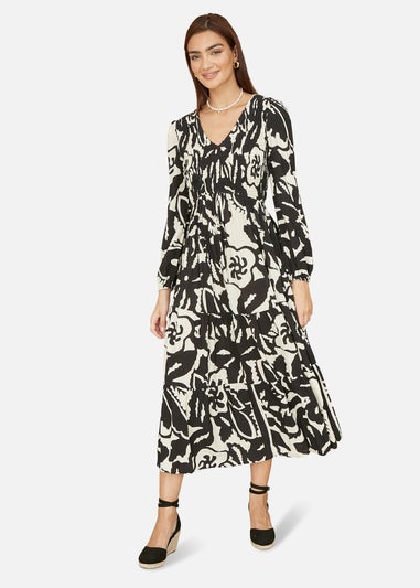 Yumi Black Abstract Print Ruched Midi Dress With Long Sleeves