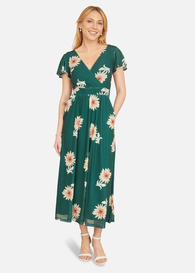 Yumi Green Mesh Flower Wrap Midi Dress With Pockets
