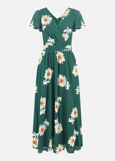 Yumi Green Mesh Flower Wrap Midi Dress With Pockets
