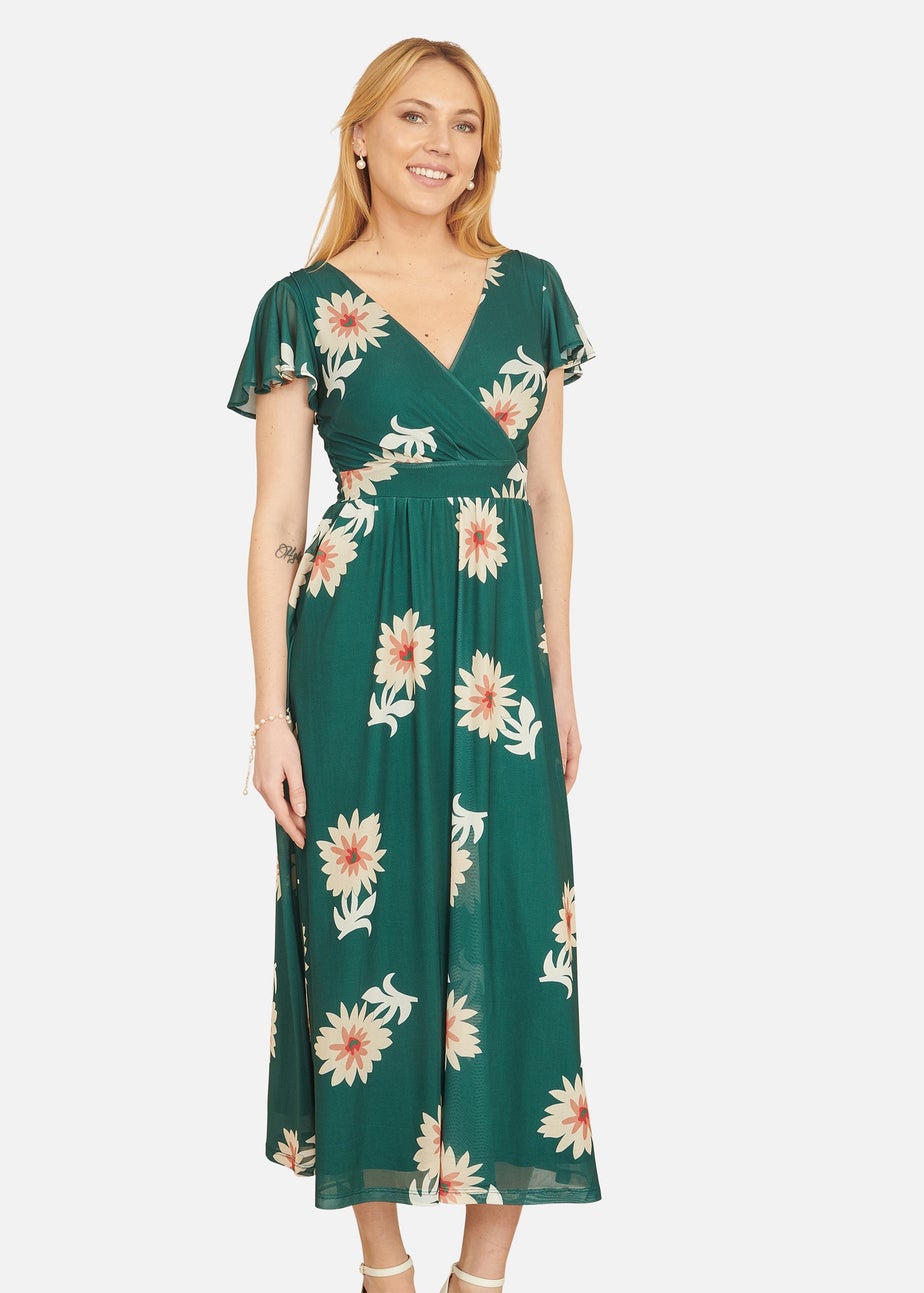 Yumi Green Mesh Flower Wrap Midi Dress With Pockets