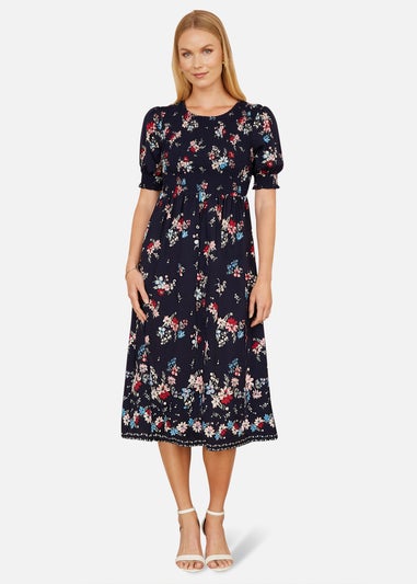 Yumi Navy Recycled Floral Ruched Midi Dress With Puff Sleeves