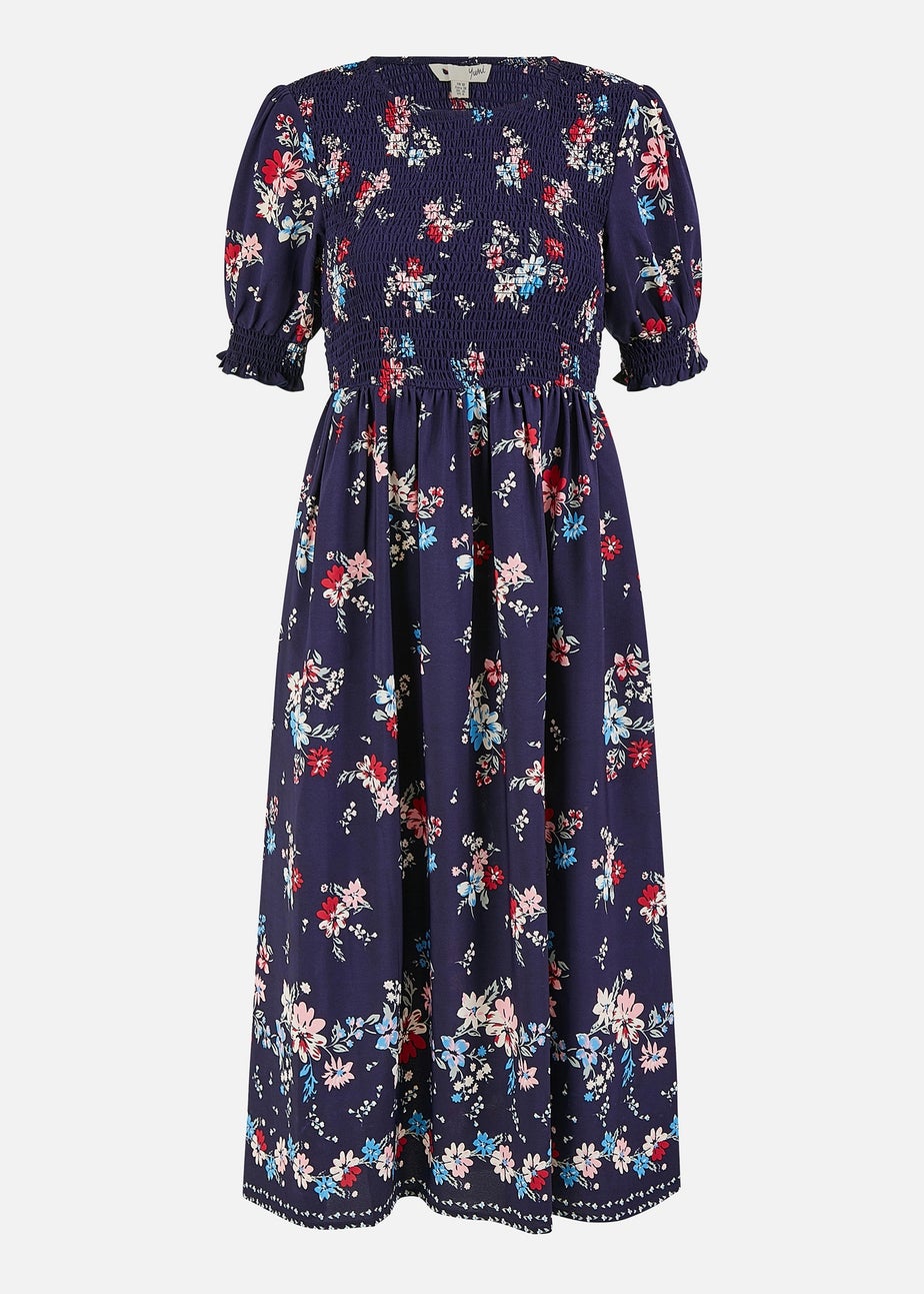 Yumi Navy Recycled Floral Ruched Midi Dress With Puff Sleeves