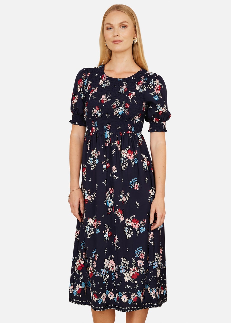 Yumi Navy Recycled Floral Ruched Midi Dress With Puff Sleeves