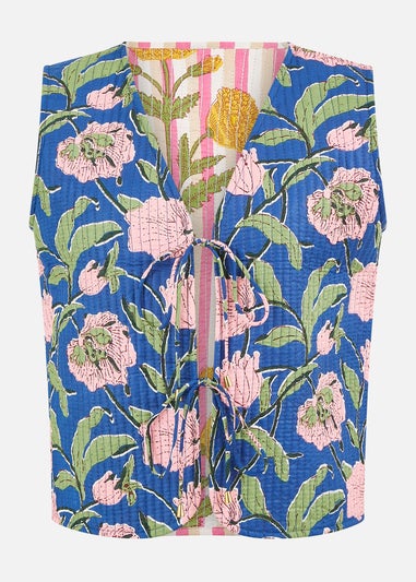 Yumi Navy Flower Reversible Cotton Quilted Waistcoat