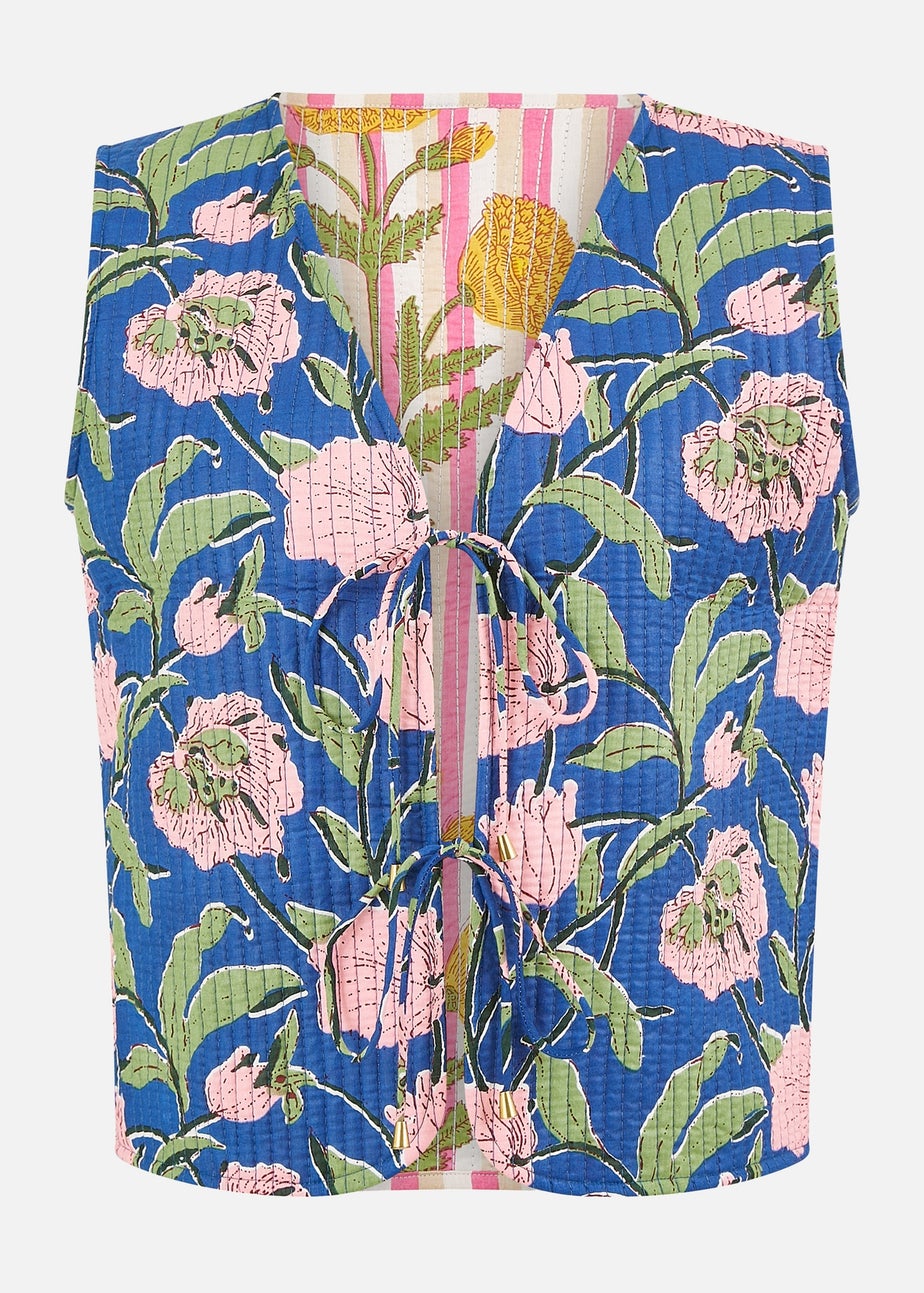 Yumi Navy Flower Reversible Cotton Quilted Waistcoat