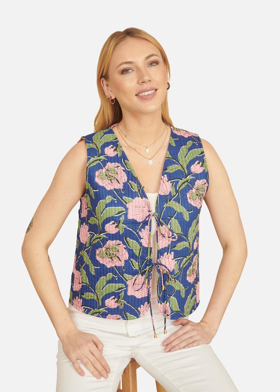 Yumi Navy Flower Reversible Cotton Quilted Waistcoat