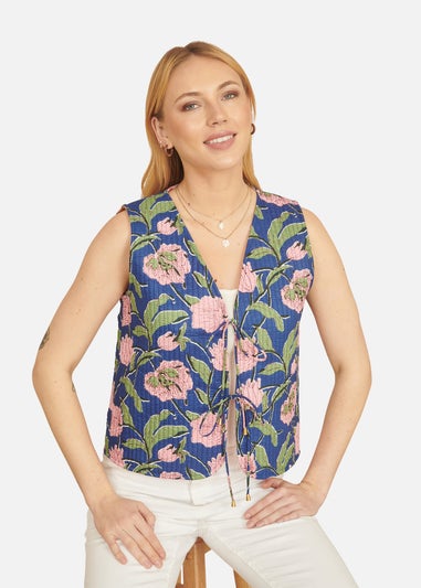 Yumi Navy Flower Reversible Cotton Quilted Waistcoat