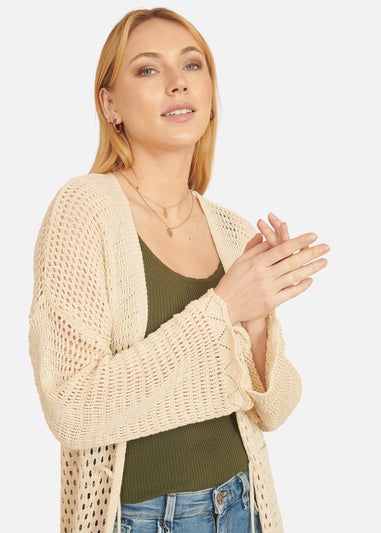 Yumi Cream Crochet Long Line Cardigan With Ties Front