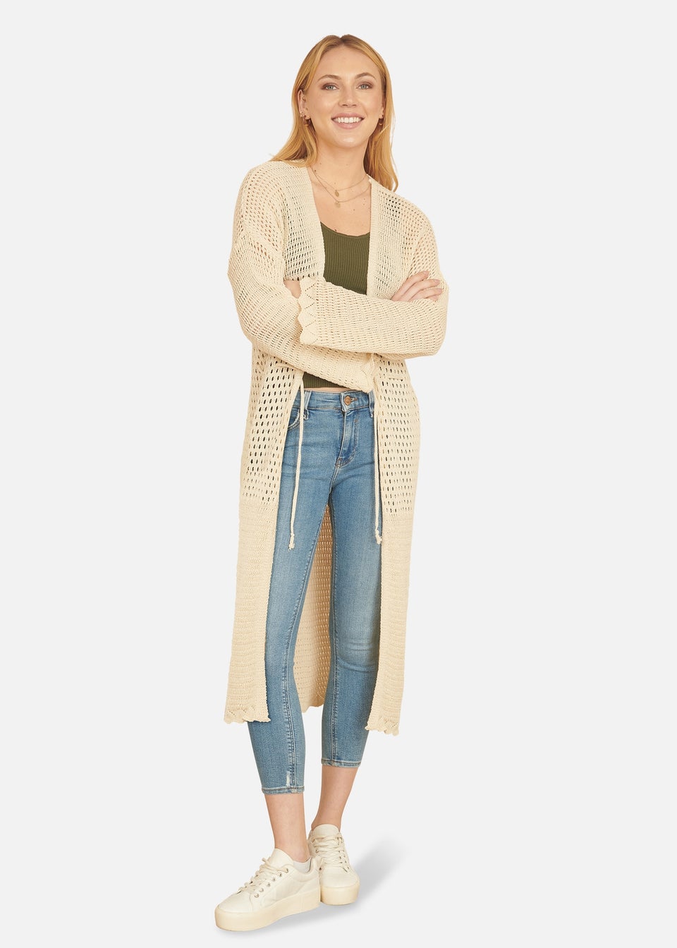 Yumi Cream Crochet Long Line Cardigan With Ties Front