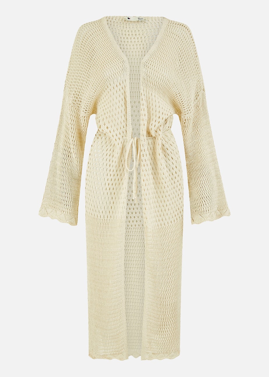 Yumi Cream Crochet Long Line Cardigan With Ties Front