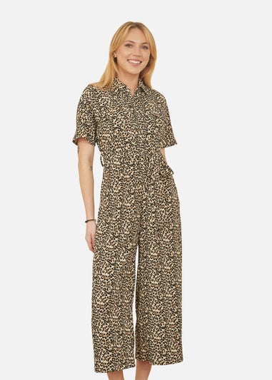 Yumi Brown Leopard Print Pleated Fabric Jumpsuit