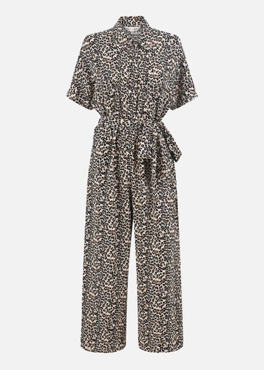 Yumi Brown Leopard Print Pleated Fabric Jumpsuit
