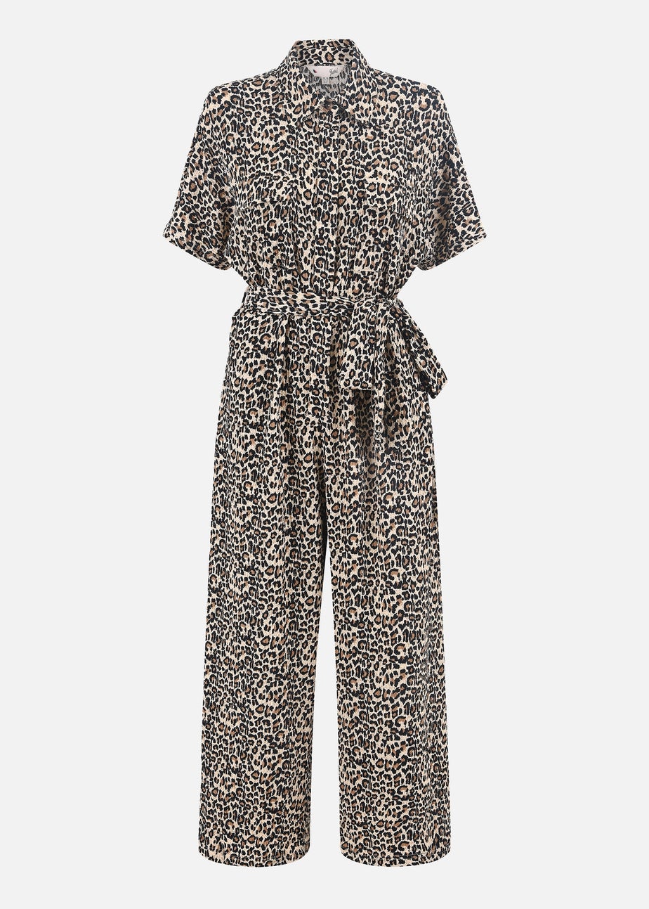 Yumi Brown Leopard Print Pleated Fabric Jumpsuit